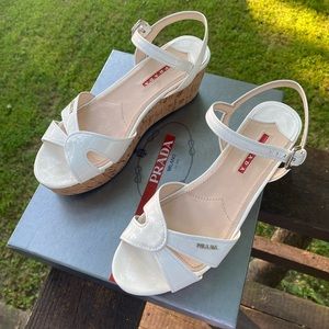 Prada Vernice White Wedges Sandals